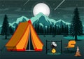 Camping at night near bright lights in a spruce forest under a magical starry sky.