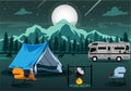 Camping at night near bright lights in a spruce forest under a magical starry sky.