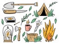 Camping objects set. Flat cartoon style. Vector illustration Royalty Free Stock Photo