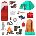 Camping objects, set of vector illustrations isolated on white, flat style, equipment and accessories for hiking Royalty Free Stock Photo