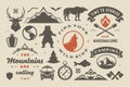 Camping and outdoor adventure design elements set, quotes and icons vector illustration Royalty Free Stock Photo