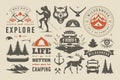 Camping and outdoor adventure design elements set, quotes and icons vector illustration Royalty Free Stock Photo