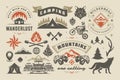 Camping and outdoor adventure design elements set, quotes and icons vector illustration Royalty Free Stock Photo