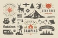 Camping and outdoor adventure design elements set, quotes and icons vector illustration Royalty Free Stock Photo