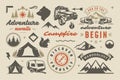 Camping and outdoor adventure design elements set quotes and icons vector illustration Royalty Free Stock Photo