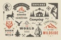 Camping and outdoor adventure design elements set, quotes and icons vector illustration Royalty Free Stock Photo