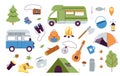 Camping outdoor elements. Summer camp adventures, hiking accessories. Tent and campers, home on wheels. Travel on nature