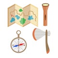 Camping and outdoor items are isolated on a white background. Map, flashlight, compass and axe for the campaign. Illustration in a