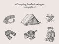 Camping outdoor vector drawings set