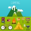 Camping and outdoor recreation concept with flat camping travel Royalty Free Stock Photo
