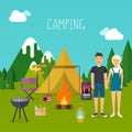 Camping and outdoor recreation concept with flat camping travel Royalty Free Stock Photo