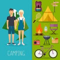 Camping and outdoor recreation concept with flat camping travel Royalty Free Stock Photo