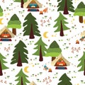 Camping outdoor scene seamless vector background. Glamping pattern. Boho tents at night in the forest. Trees, campfire, vacation.