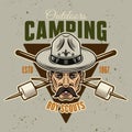 Camping and outdoors colored emblem, badge, label or logo in vintage style. Man in boy scout hat and mustache, two