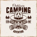 Camping and outdoors vintage emblem, badge, label or logo. Head of man in boy scout hat and mustache, two crossed