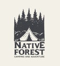 Camping park logo. Native forest and tent on light background. Hand Drawn.