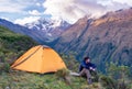 Traveler in mountains, Salkantay Trekking, Peru, South America Royalty Free Stock Photo