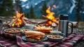 A camping picnic with hearty sandwiches trail mix and thermos coffee set near a campfire with a backdrop of mountains and pine