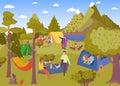 Camping picnic in summer forest vector illustration, cartoon people have rest in tourist camp with tent and hammock