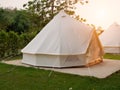 Camping picnic tent campground in outdoor hiking forest. Camper while campsite in nature background at summer trip camp. Adventure