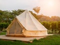 Camping picnic tent campground in outdoor hiking forest. Camper while campsite in nature background at summer trip camp. Adventure