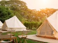 Camping picnic tent campground in outdoor hiking forest. Camper while campsite in nature background at summer trip camp. Adventure