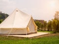 Camping picnic tent campground in outdoor hiking forest. Camper while campsite in nature background at summer trip camp. Adventure