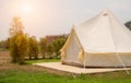 Camping picnic tent campground in outdoor hiking forest. Camper while campsite in nature background at summer trip camp. Adventure