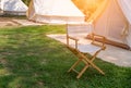 Camping picnic tent campground in outdoor hiking forest. Camper while campsite in nature background at summer trip camp. Adventure