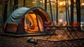 Camping picnic tent campground in outdoor hiking forest. Generative AI