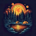 Camping place in dark forest at night, AI generative flat illustration in cyan, black, orange and yellow