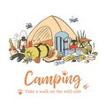 Camping poster template. Take a walk on the wild side. Hiking icons colored sketch style set. vector collection. frame Royalty Free Stock Photo