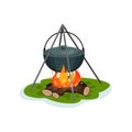 Camping pot over bonfire, delicious fish soup cooking vector Illustration on a white background