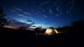 camping in a remote wilderness location, surrounded by night sky filled with stars at dusk