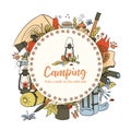 Camping round badge with text. template. Take a walk on the wild side. Animal traces. Hiking icons colored sketch style Royalty Free Stock Photo