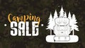 Camping sale banner. Camping logo with backpack and forest silhouette. Vector