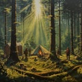 Hyper-detailed Oil Painting Of Campers In The Forest