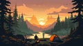 Bold Graphic Illustrations Of Romantic Camping At Sunset In The Forest
