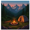Camping scene featuring a tent and a campfire surrounded by Royalty Free Stock Photo