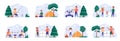 Camping scenes bundle with people characters. Royalty Free Stock Photo