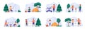 Camping scenes bundle with people characters. Mushroom hunting, traveling with camping tent, play guitar and sausage roasting on