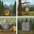 Camping scenes featuring bear-proof storage solutions in a forest with snowy Royalty Free Stock Photo
