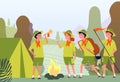 Camping scouts. Campfire in forest and happy kids in uniform sitting outdoor vector adventure flat concept