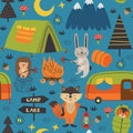 Camping seamless pattern with animals in the forest at night