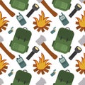 Camping seamless pattern with backpack, flashlight, fire, axe, lighter