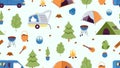 Camping seamless pattern. Camp tent, cars and tree, fire and mushroom. Summer autumn forest adventures print, vector