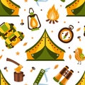 Camping Seamless Pattern with Hiking Equipment, Summer Adventures Design Element Can Be Used for Wallpaper, Packaging Royalty Free Stock Photo