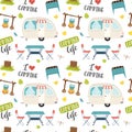 Camping seamless pattern with motorhome and camping furniture. Hand drawn cartoon travel elements and lettering