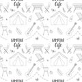 Camping seamless pattern. Travel equipment and gear. Hand drawn outline hiking elements and lettering. Doodle backdrop Royalty Free Stock Photo