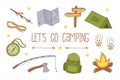 Camping Set. Backpacking and Hiking cartoon doodle illustrations on white background. Tourists equipment for Trekking